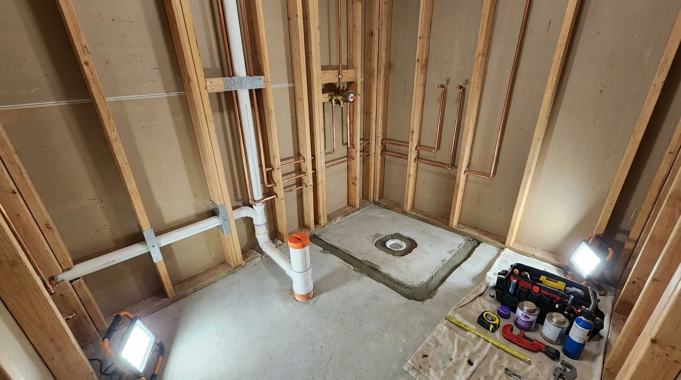 Bathroom rough-in plumbing during remodel by Johns Plumbing LLC in Parachute