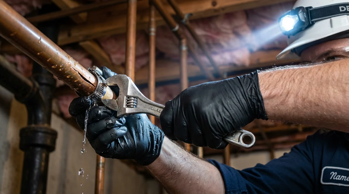Emergency pipe clamp repair being performed by a Johns Plumbing LLC plumber in Parachute