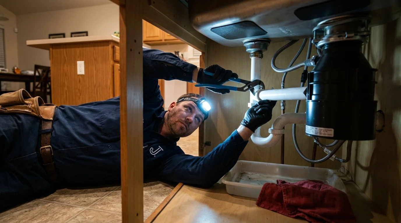 P-trap and supply line connections under a kitchen sink showing a common leak point in Parachute, CO
